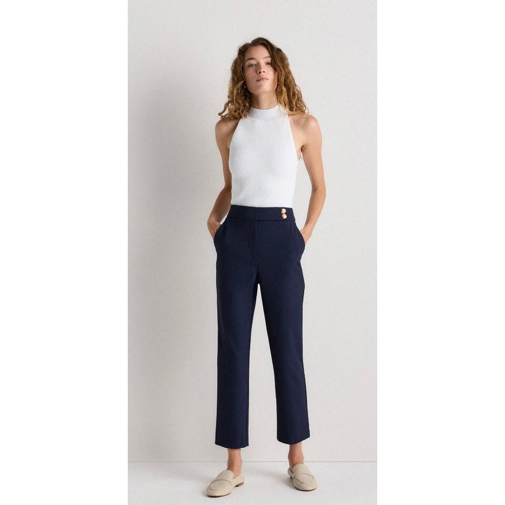 Quince Scuba Slim Ankle Pants Navy Gold Button Office Career Stretch Size 14 NWT